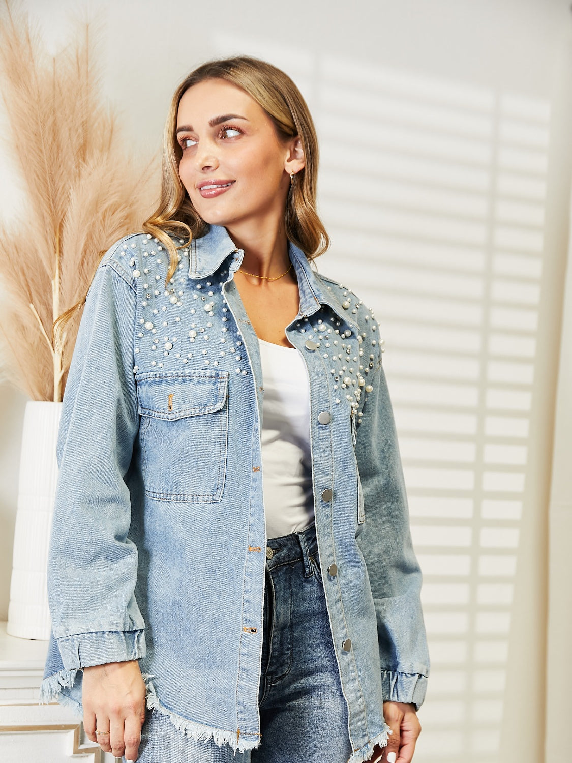 Collared Neck Raw Hem Dropped Shoulder Denim Jacket