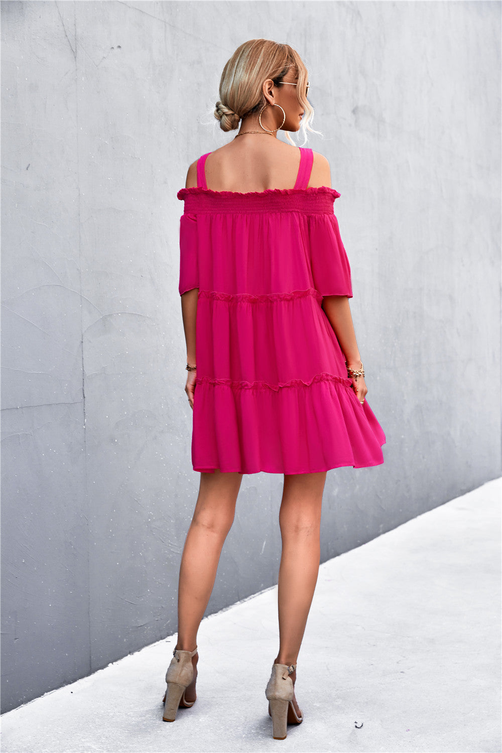 Cold-Shoulder Frill Trim Tiered Dress