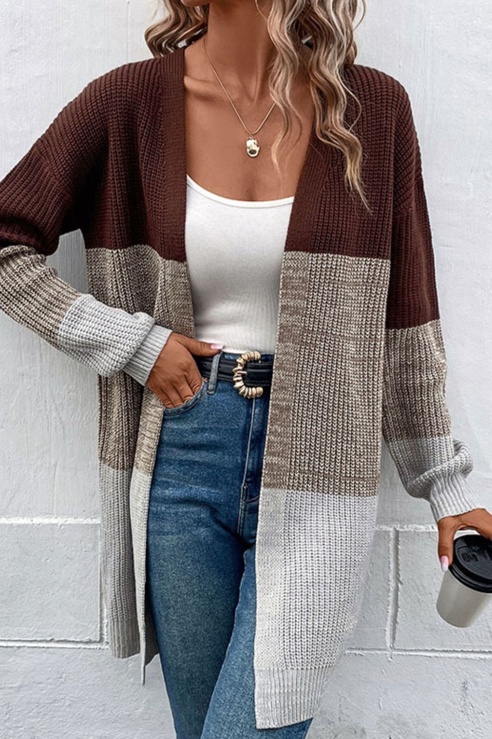 Color Block Open Front Rib-Knit Longline Cardigan