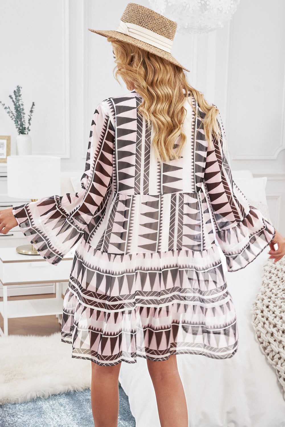 Printed Notched Neck Flare Sleeve Tiered Dress