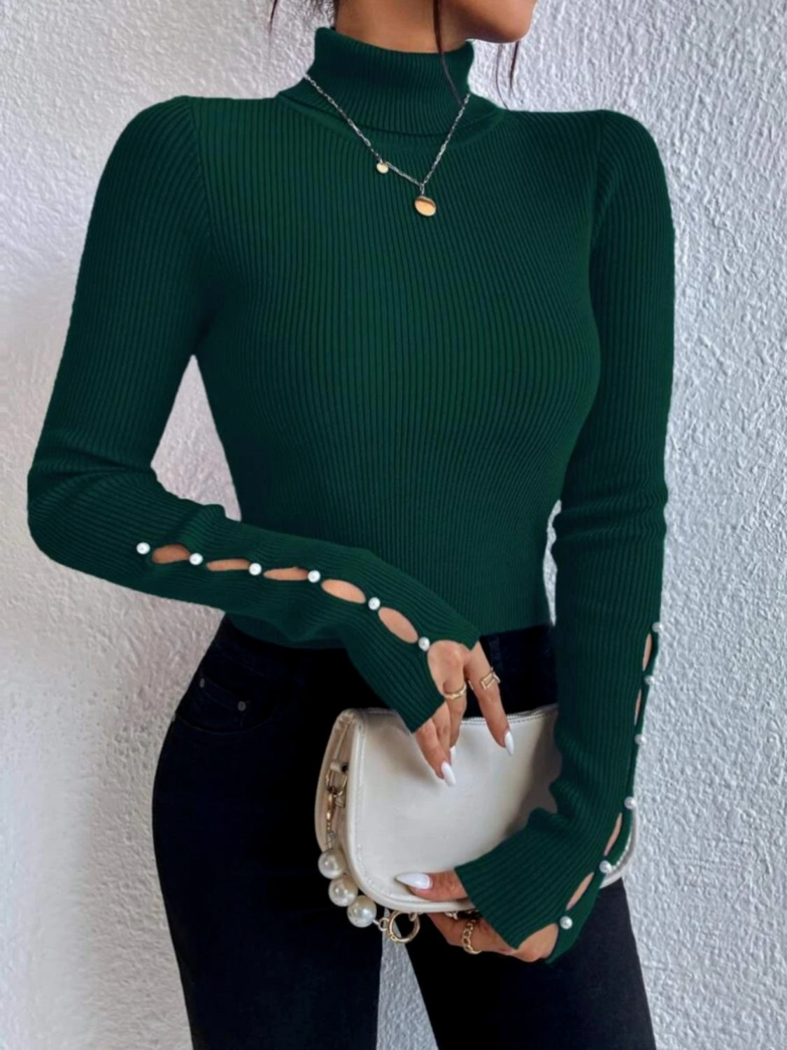 Cutout Turtleneck Rib-Knit Top