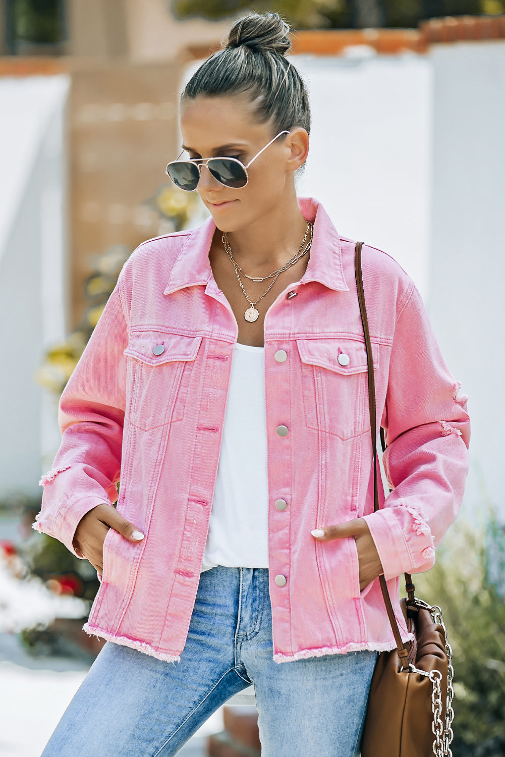 Distressed Raw Hem Denim Jacket